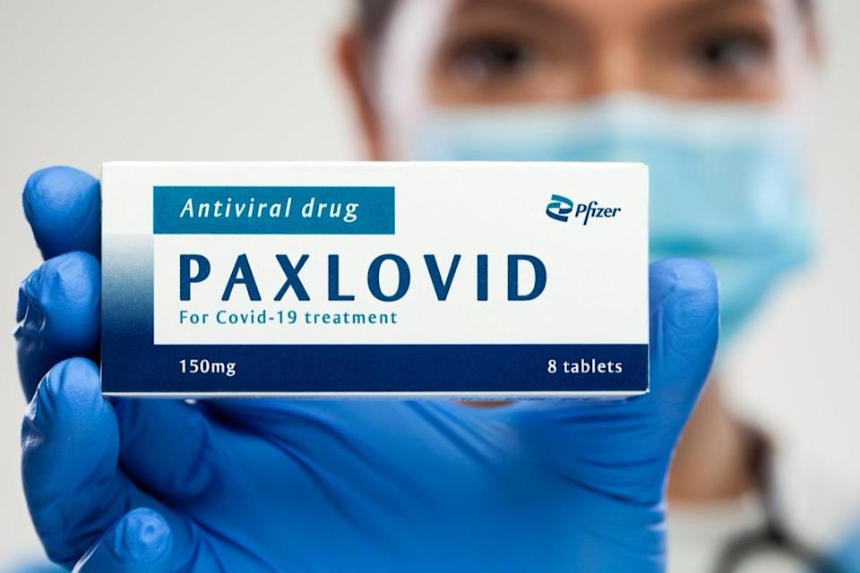 travailleur médical tenant une boîte d'emballage de médicaments, médicament antiviral Pfizer PAXLOVID, remède contre l'infection à coronavirus, prévention des maladies virales COVID-19